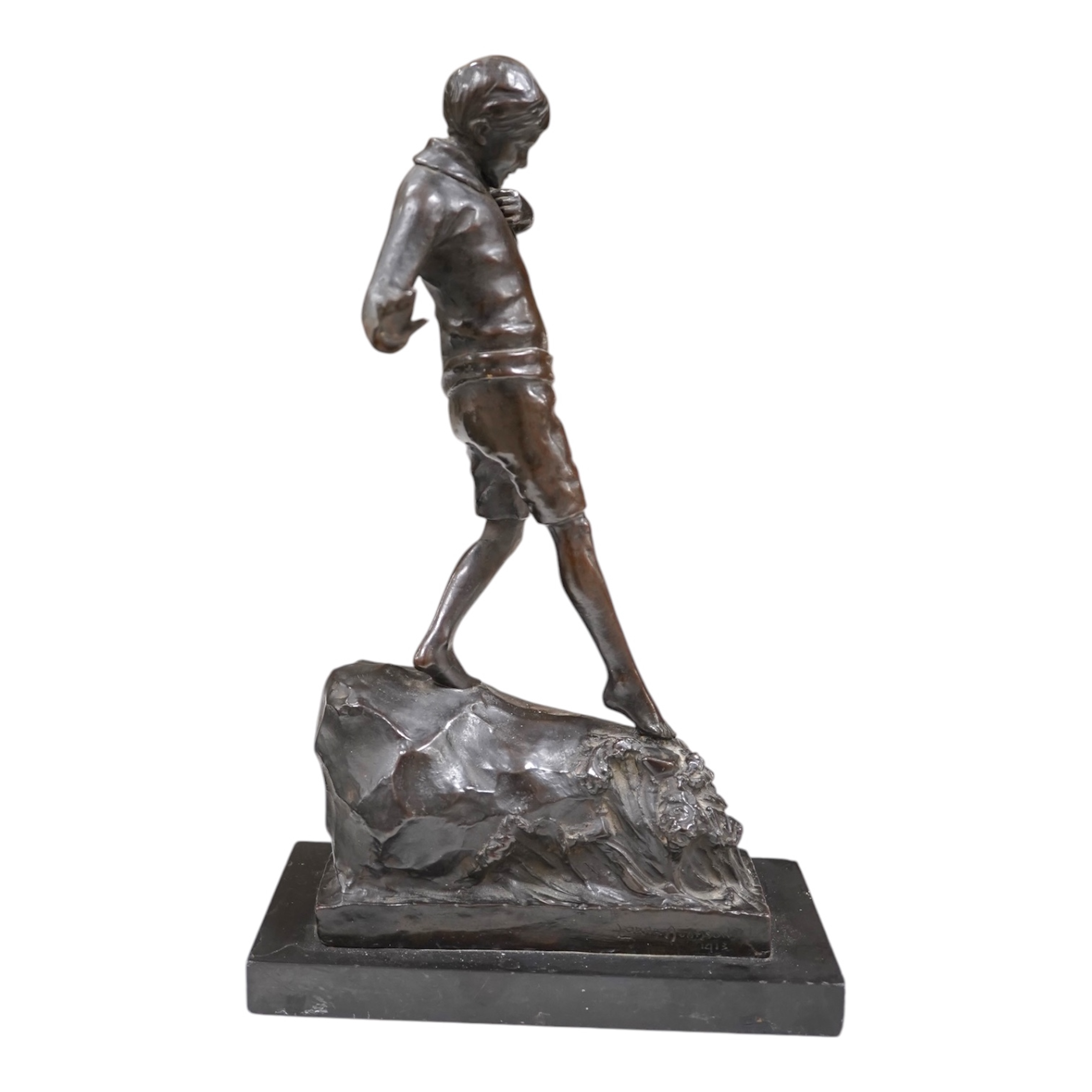 Lorna Adamson (British b.1894-?), an early 20th century bronze figure of a boy, signed and dated 1913, on marble base, 36cm. Condition - nibbles to base, otherwise good